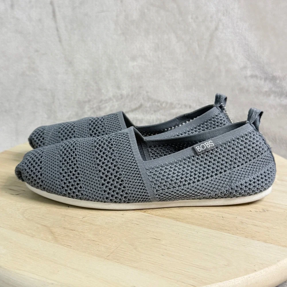 Skechers BOBS Women 8.5 Grey Knit Memory Foam Slip On Flats 33406 Peace and Love